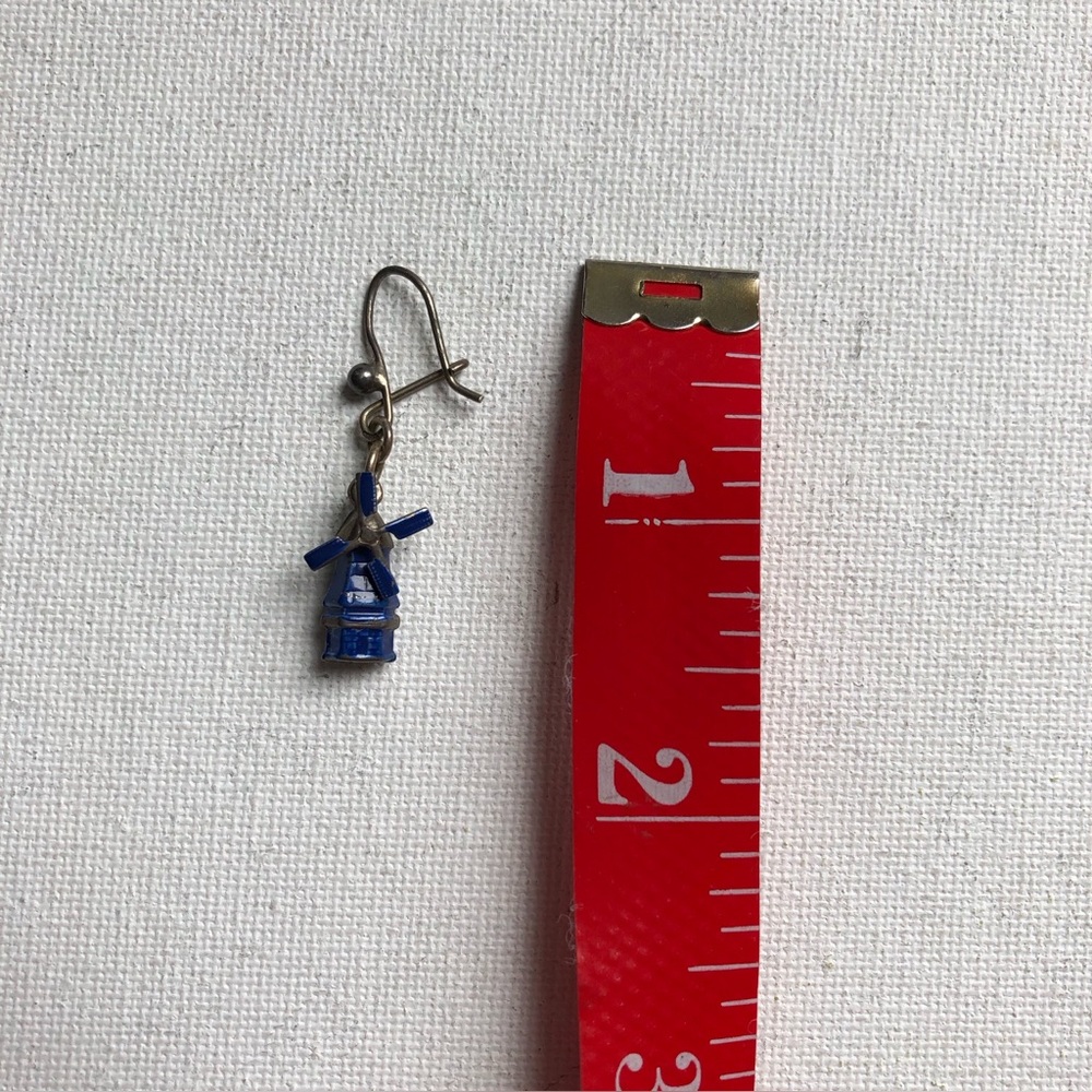 Vintage Scandinavian Silver Tone Blue Enamel Windmills Pierced Earrings - Picture 7 of 7